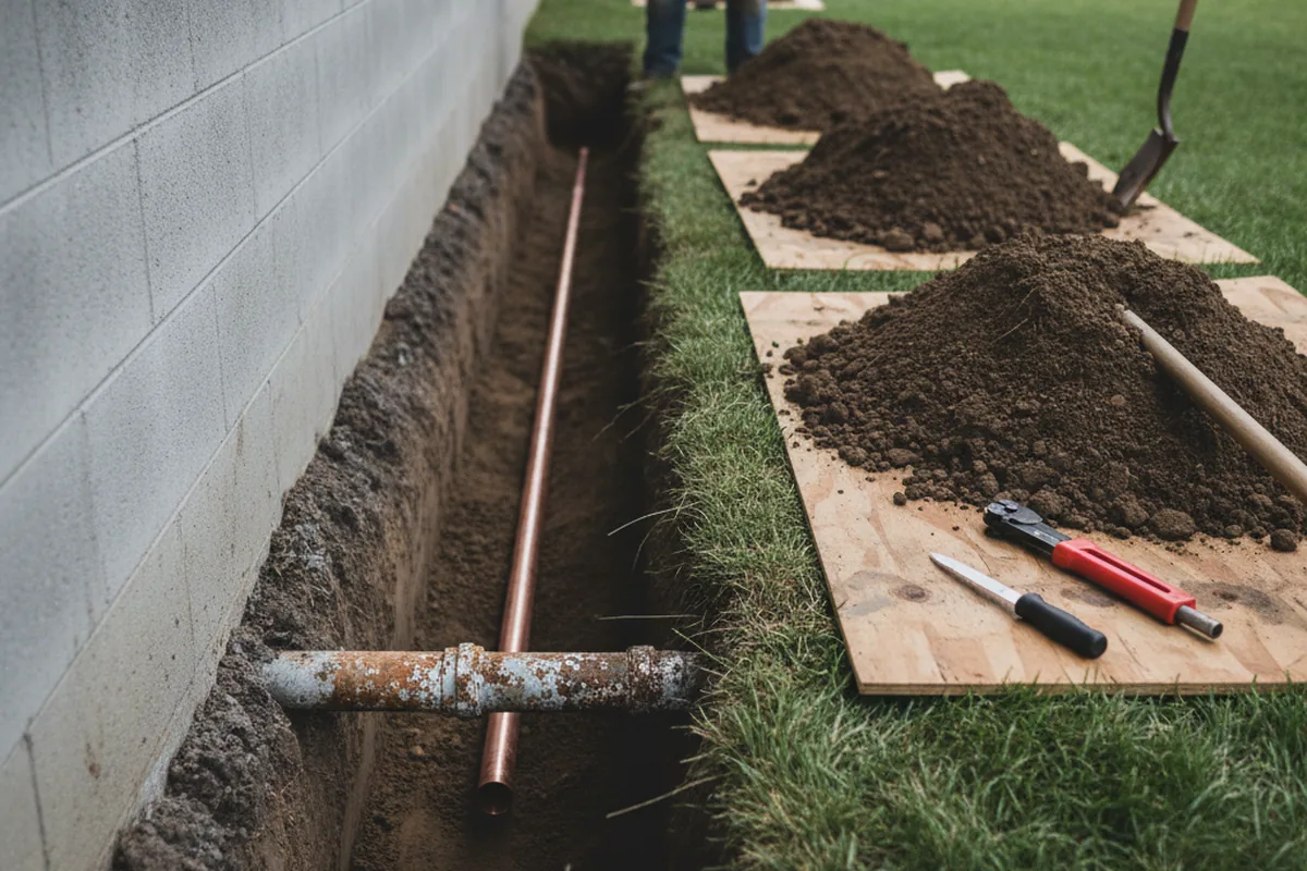 Excavated water line trench during Water Heater Repair in West End